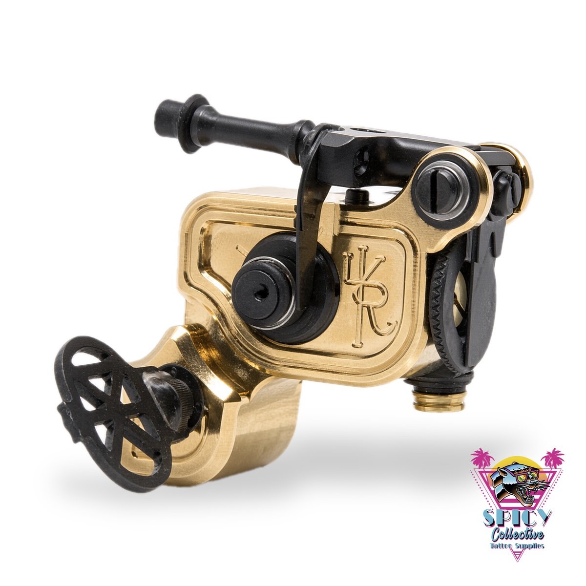 Dan Kubin V3/24 Sidewinder Gold x Black clip cord, roterande tatueringsmaskin med guldpläterad ram och svarta detaljer