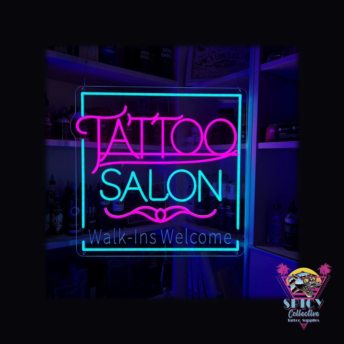 Tänd LED-neonskylt Tattoo Salon i rosa och cyan med cyanfärgad ram