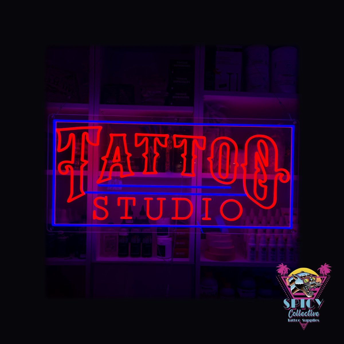 Tänd LED-neonskylt Tattoo Studio i rött med blå rektangulär ram