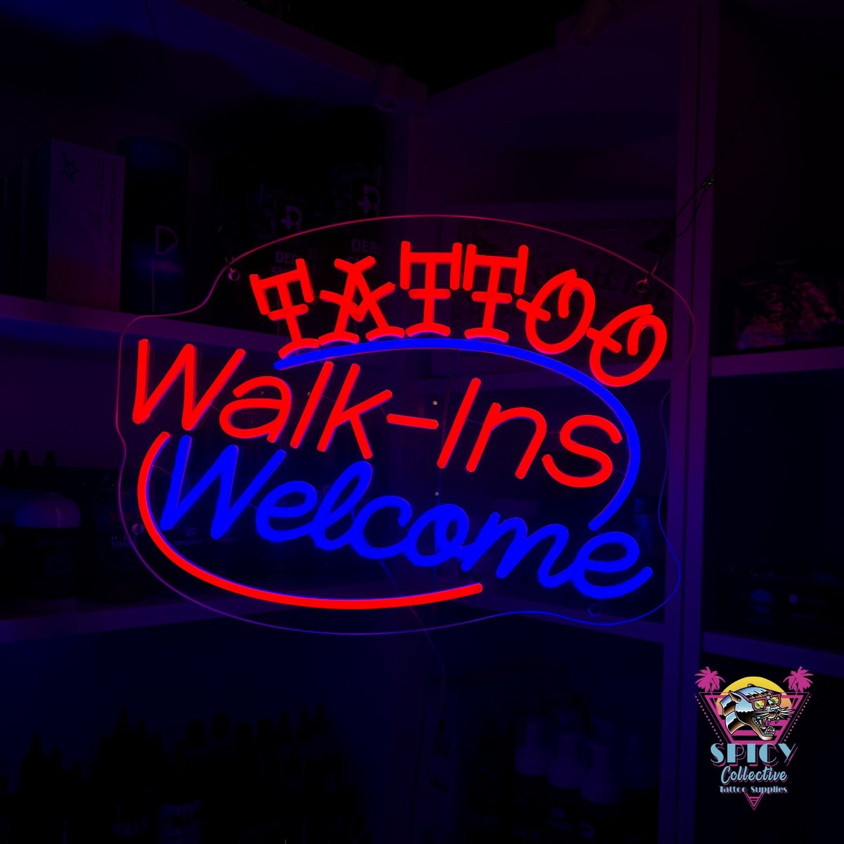 Tänd LED-neonskylt Tattoo Walk-Ins Welcome i rött och blått med ovalt band