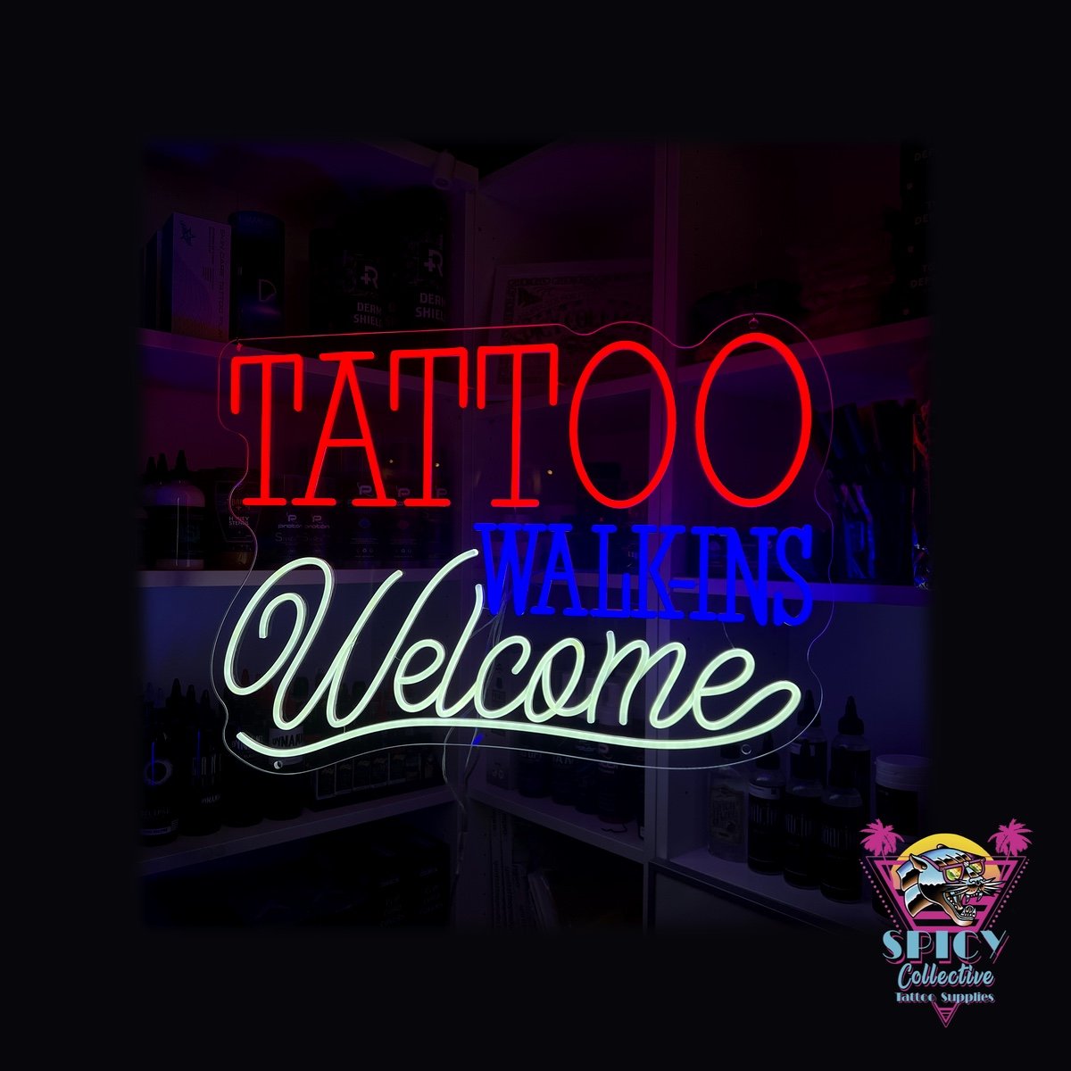 Tänd LED-neonskylt Tattoo Walkins Welcome i rött, blått och vitt